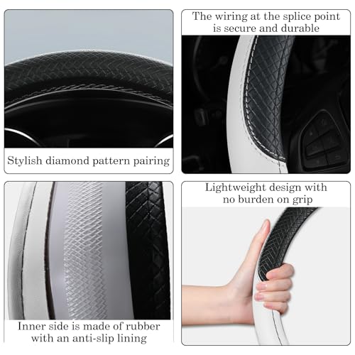 Black & White Car Steering Wheel Cover, Microfiber, Leather Patchwork, Universal 14.5-15 Inch Leather Anti-Slip Breathable Auto Steering Wheel Covers for Men Women - color: Black & White