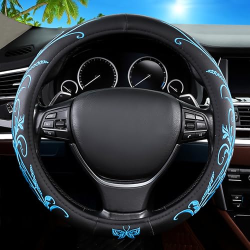 Car Leather Steering Wheel Cover - Panapi Material, Universal 14.5-15 Inch Leather Anti-Slip Breathable Auto Steering Wheel Covers for Men Women (Embroidery-Blue) - color: Embroidery-Blue