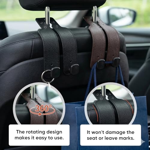 2Pcs Headrest Hooks for Car, Car Purse Hook, Double Leather Car Seat Back Storage Hook for Handbags Purses Bags (Brown)