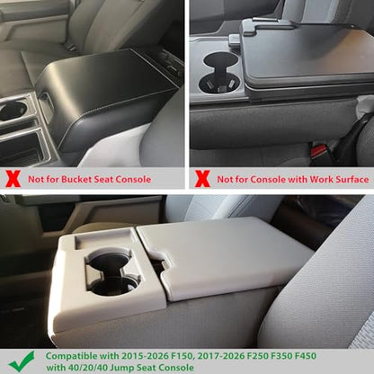 Zxiaochun Center Console Cover for Ford F150 2015-2026/F250 F350 F450 2017-2026 Leather Arm Rest Box Lid Middle Console Cover Armrest Box Protective Cover Accessories(40/20/40 Jump Seat Console Only) - color: Black