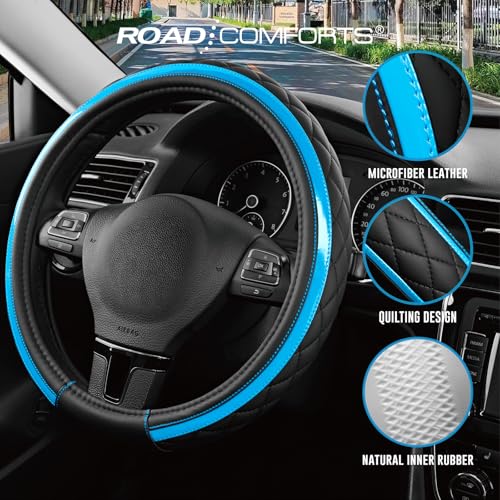 Road Comforts Leather Steering Wheel Cover – Black & Blue, Universal Fit 14.5-15 Inch, Microfiber Leather, Anti-Slip & Breathable Design for Men and Women - color: Lighet Blue