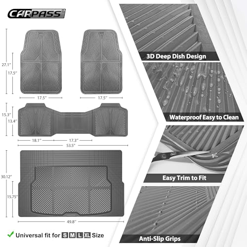 CAR PASS Gray Rubber Floor Mats&Cargo Liner,Waterproof Truck Mats Heavy Duty,All Weather Trim-to-Fit Automotive Mat for Car Truck SUV,Anti-Slip Easy Clean Durable,Full Set 5-Piece,3D Emboss All Grey - color: Gray Cargo Liner