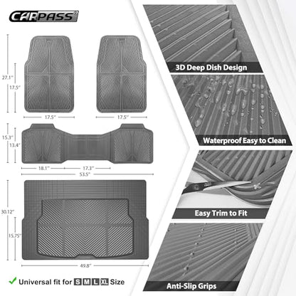 CAR PASS Gray Rubber Floor Mats&Cargo Liner,Waterproof Truck Mats Heavy Duty,All Weather Trim-to-Fit Automotive Mat for Car Truck SUV,Anti-Slip Easy Clean Durable,Full Set 5-Piece,3D Emboss All Grey - color: Gray Cargo Liner
