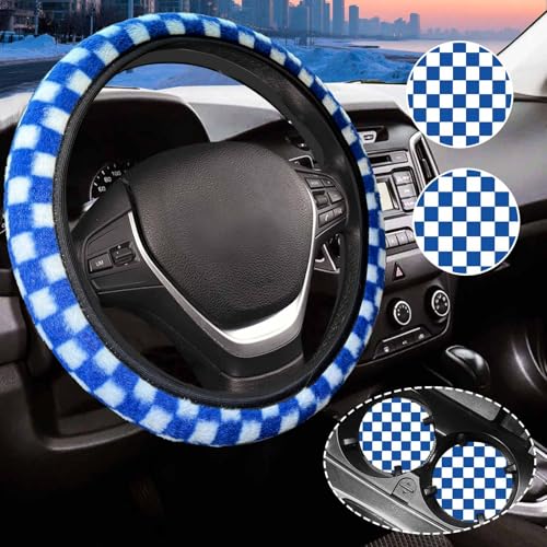 Blue and White Checkered Fuzzy Steering Wheel Cover for Women, Universal Auto Steering Wheel 14-15 Inch Soft Warm Car Interior Accessories with 2PCS Car Coasters, Suitable for Men and Women - color: Blue white