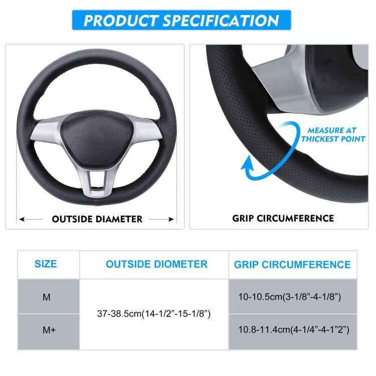 Leather Steering Wheel Cover, Breathable Non-Slip Design, Soft and Comfortable Feeling, Universal 15 Inch Auto Car Steering Wheel Stitch on Wrap（Size M, Gray）