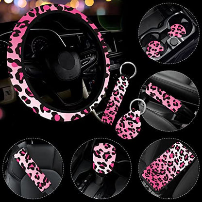 10 Pieces Leopard Print Printing Car Steering Wheel Cover Center Console Armrest Pad Headrest Seat Belt Cover Handbrake Cover Keychain Coaster Full Set Car SUV(Pink) - color: Pink