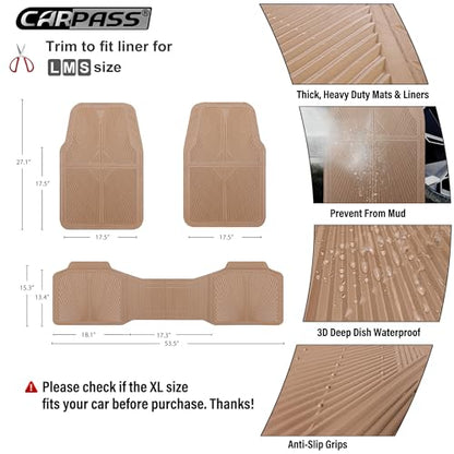 CAR PASS Rubber Car Mats,Car Floor Mats All Weather, Waterproof Trim-to Fit Automotive Floor Mats for Cars Trucks SUV,Anti-Slip Easy Clean, Heavy Duty Car Mats Full Set 3-Piece,All Beige - color: All-Beige