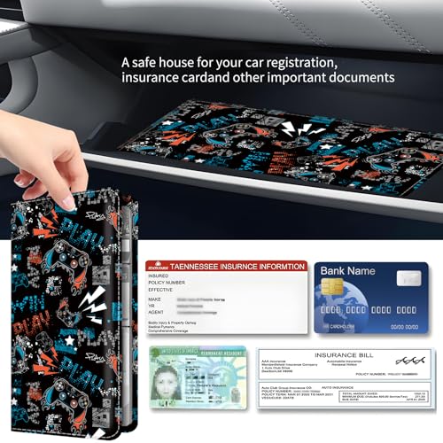 Premium Car Registration and Insurance Card Holder, Cute PU Leather Car Document Holder, Vehicle Glove Box Car Organizer with Magnetic Closure for Driver License, Cards Neon Gamer Pattern - color: Neon Gamer Pattern