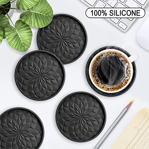 Silicone Coasters with Holder,[6 Pack] Drinking Coasters - Cup Mat for Hot or Cold Drinks, Thickened, Non-Slip, Non-Stick,Deep Tray Black - color: Black