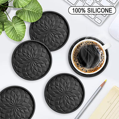 Silicone Coasters with Holder,[6 Pack] Drinking Coasters - Cup Mat for Hot or Cold Drinks, Thickened, Non-Slip, Non-Stick,Deep Tray Black - color: Black