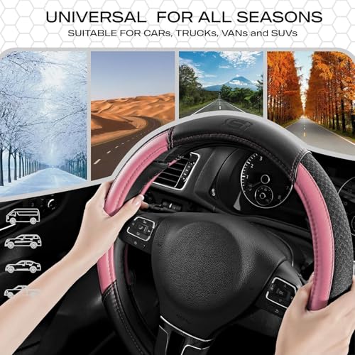 Skechers Air-Cooled Steering Wheel Cover,Leather Car Steering Wheel Cover Universal Fit 14" 1/2-15" Car Wheel Protector for Men Women Fit Suvs,Vans,Sedans,Car,Trucks,Pink - color: Pink