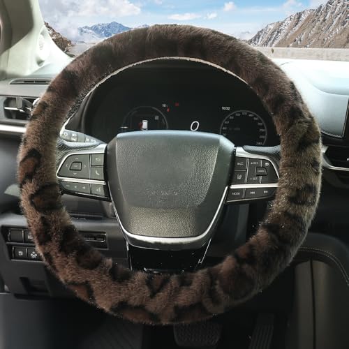 ZHOL Fuzzy Car Steering Wheel Cover,Universal Fit Fur Auto Wheel Cover,Leopard Warm Fluffy Vehicle Wheel Protector Car Accessories,Cheetah Print Steering Wheel Cover for Men Women (Brown)