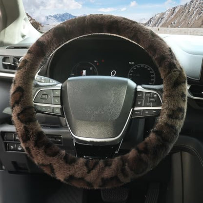 ZHOL Fuzzy Car Steering Wheel Cover,Universal Fit Fur Auto Wheel Cover,Leopard Warm Fluffy Vehicle Wheel Protector Car Accessories,Cheetah Print Steering Wheel Cover for Men Women (Brown)