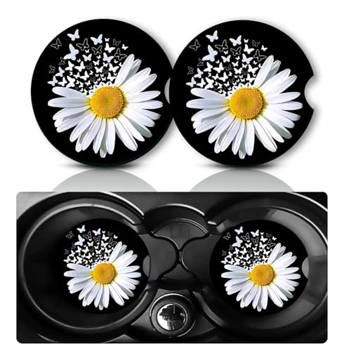 Car Coasters for Cup Holders,2 PCS Universal Non-Slip Daisy Butterfly Car Coasters,2.75" Cars Cup Drink Holder Coaster Decor Butterfly Cars Accessories Daisy Gifts for Women Men - color: Daisy