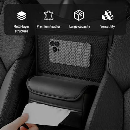 Car Organizer Storage Between Seats, Nappa Leather Front Seat Storage Bag with Tissue Holder, Automotive Console Hanging Net Pocket Handbag Holder for Phone Document (Black)