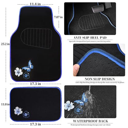 CAR PASS Universal Fit Embroidery Butterfly and Flower Car Floor Mats, Blue Car Floor Mats Fit 95% Automotive,SUVS,Sedan,Vans,for Women,Girly,Set of 4 (Black with Blue) - color: Blue Butterfly and Flower