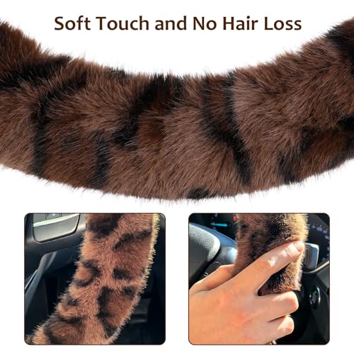 Accmor Fuzzy Car Steering Wheel Cover, Universal Fit Fur Auto Wheel Cover & Handbrake Cover & Gear Shift Cover Set, Fashion Leopard Fluffy Steering Wheel Protector Car Accessories for Men Women - color: Dark Brown/Dark Brown Leopard