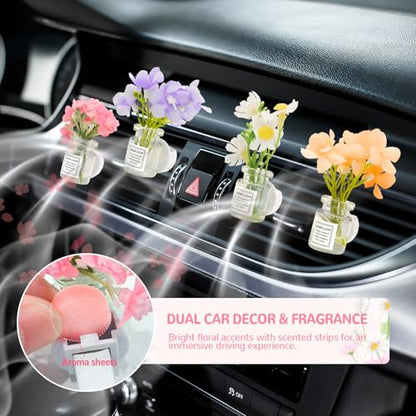 4 Pack Flowers Car Vent Clips, Cute Daisy Plants Vase Air Conditioning Outlet Clip with Fragrance Pads, Charm Scent Perfume Automotive Interior Decorations for Women