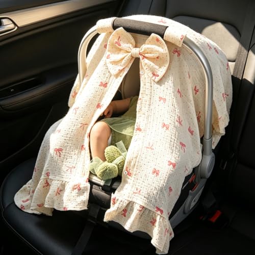 Baby Car Seat Cover for Girls,100% Muslin Cotton Breathable Infant Car Seat Canopy with Cute Bow & Elegant Ruffle, 360° Privacy Nursing Cover, Stroller Cover Protection from Sunlight Dust - color: Bow