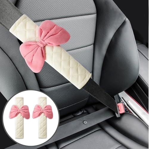 2-Pack Soft Seat Belt Covers Universal Car Shoulder Pad Cushions for Comfortable Driving & Bag Strap Protection Off-White Pink Large Bow - color: Pink Bow