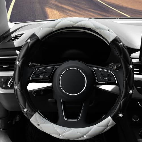 YOGURTCK Cute Diamond Soft Leather Anti-Slip Steering Wheel Cover with Bling Bling Crystal Rhinestones, Universal 15 Inch for Women Girls, Fit Vehicles, Sedans, SUVs, Vans, Trucks - Black and White - color: A-Black and White