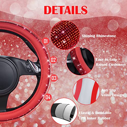 CAR PASS Bling Diamond Leather Steering Wheel Cover, with Bling Sparkly Crystal Glitter Rhinestones Universal Fit 14" 1/2-15" Car Wheel Protect for Women Girl Fit Suvs,Vans,Sedans,Cars,Trucks, Red - color: Red Diamond on Velvet