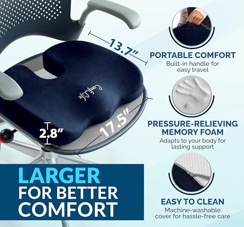 ComfiLife Gel Enhanced Seat Cushion – Office Chair Cushion – Non-Slip Gel & Memory Foam Coccyx Cushion for Tailbone Pain - Desk Chair Car Seat Cushion Driving - Sciatica & Back Pain Relief (Navy) - color: Navy Blue, size: Large