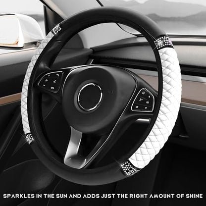 Bling Car Steering Wheel Cover, 15 Inch Sparkly Rhinestone Soft Leather Steering Wheel Protector, Non-Slip Universal Auto Elastic Steering Wheel Covers for Women Girls (White) - color: White
