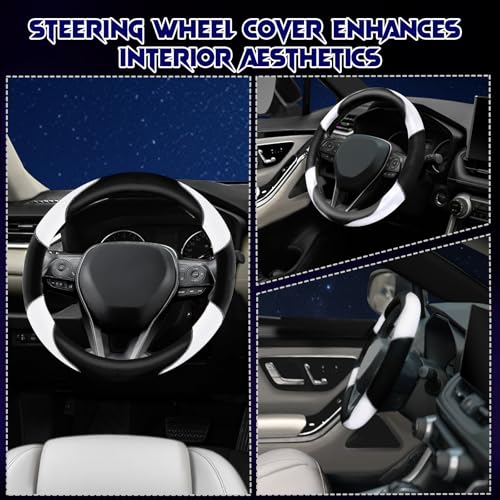 Soft Leather Steering Wheel Cover with Breathable Design and Anti-Slip Grip, Fully Compatible with Tesla, Toyota, Honda, Nissan 14.5-15.2 inch Round Steering Wheel（Sedans and SUVs） - color: DOUBLE-WHITE