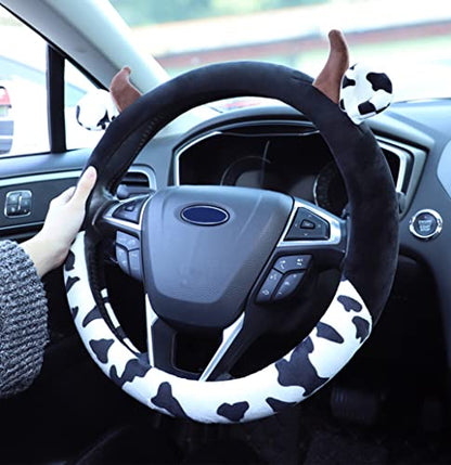 Cow Print Plush Warm Steering Wheel Cover Cute Animal Car Steering Wheel Cover for SUV Van Sedan Car Truck Gift for Women, Universal 15"