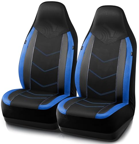 PIC AUTO Leather Car Seat Covers, Sports Carbon Fiber & Mesh Design, High-Back Two Front Set, Waterproof Automotive Seat Covers, Airbag Compatible, Universal Fit for Most Cars (Black & Blue) - color: Blue, size: Two Front