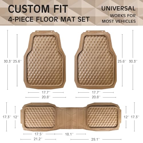 CAR PASS Heavy Duty Rubber Car Mats, Deep Dish All-Weather Floor Mat for Car Full Set Durable Anti-Slip 3D Rhombus Waterproof Trim to Fit Liner Universal Fit Automotive,Sedan,SUV,Truck, 3 Piece Beige - color: light beige