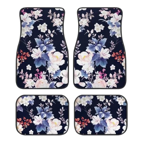 Blue White Flowers Print Floral Car Floor Mats Suitable for Cars SUVs Trucks,All Weather Front & Rear Automotive Floor Mats,Universal Fit Design，4 Pieces - color: Blue White Flowers