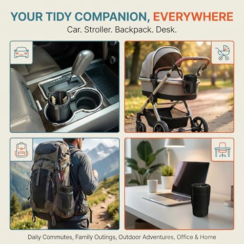 Trash Trapper Car Trash Can Cup Holder | Mini Car Trash Can | Fits in Most Doors | 5.1" x 2.9" | Traps More & Empties Less, Patent-Pending Compaction, Gifts for Men, Black/Grey