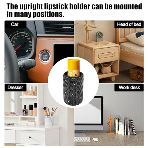 1 Pack Upright Car Chapstick Holder, Bling Insulating Lip Balm Holder,Rhinestone Car Accessories for Women Interior,Suitable for Most Vehicles.(Black)