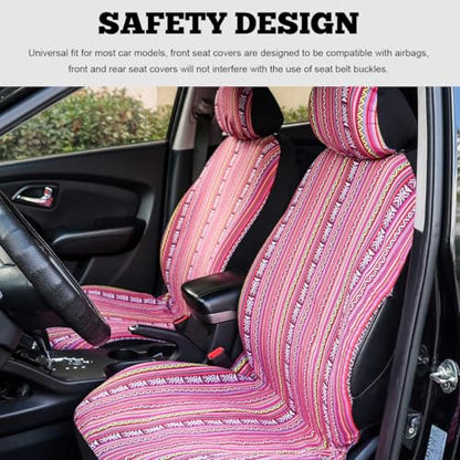 4PCS Baja Saddle Blanket Car Seat Covers, Front Set Breathable Washable Seat Covers with Seatbelt Pad, Striped Woven Cloth Airbag Compatible Seats Protector for Most Vehicles (Pink) - color: Pink, 4PCS
