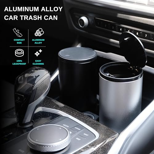 Car Trash Can With Lid - Leakproof Mini Garbage Can, Aluminum Alloy Bin, Accessories (Black)