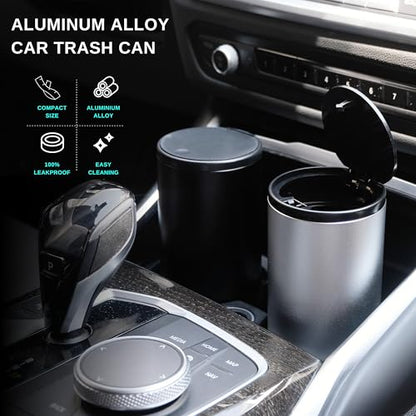 Car Trash Can With Lid - Leakproof Mini Garbage Can, Aluminum Alloy Bin, Accessories (Black)