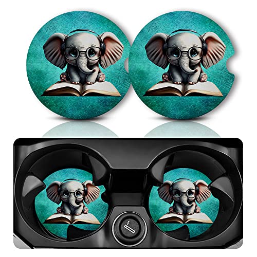 Yonlevres Car Coasters for Cup Holders，2.75" Anti Slip Rubber Mat with A Finger Notch, 2 Pack Car Cup Holder Coasters for Car Interior Accessories for Women Men Elephant Glasses - color: Elephant Glasses
