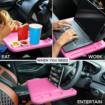EcoNour 4 in 1 Car Steering Wheel Tray - 2024 Upgraded Pink Tray with Dual Sauce Dip Holder and Tablet Holder | Spacious Steering Wheel Desk for Food and Laptop | Car Accessories (Large) - size: Large-Pink