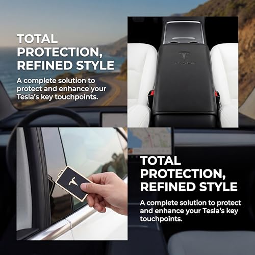 Center Console Armrest Cover for Tesla Model 3 2017-2023 & Model Y 2020-2025 - Black Genuine Leather Armrest Protector, Scratch Resistant Interior | Easy Install Skin with Bonus Key Card Holder - color: Black