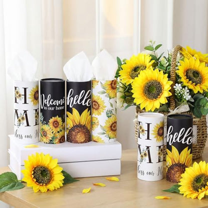 12 Pack Sunflower Tissue Cylinder Holder Bulk with 3 Ply Facial Tissues Black and White Round Napkin Holders Cylinder Flower Travel Paper Tubes Bulk Napkin for Spring Travel Home Decor - style: Elegant Sunflower