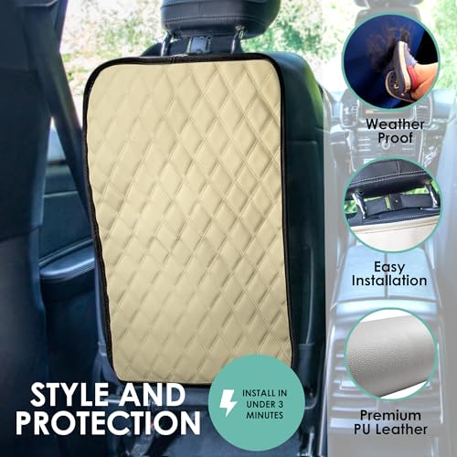 FH Group Faux Leather Auto Seat Back Kick Protectors, Heavy Duty Car Kick Mat for Kids –2-Pack Diamond Stitched Back Seat Protector, Waterproof Protection, Easy to Clean - color: Beige, style: Kick Mat - Diamond