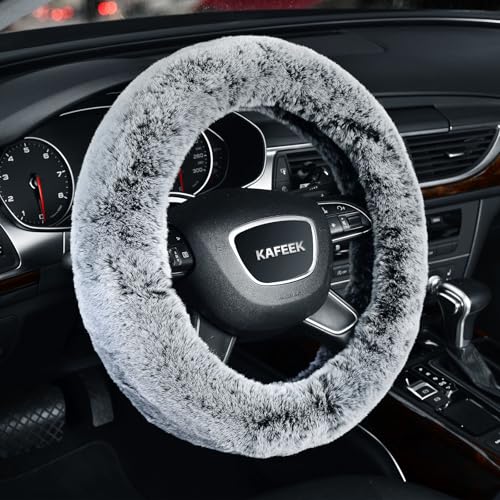 KAFEEK 16 inch Frost Fluffy Steering Wheel Cover for Winter Warm, Large Size Soft Fuzzy Steering Wheel Cover, Compatible with Ram F-150 Tundra Range Rover F150 F250 F350 Ram 4Runner Tacoma, Grey - color: gray, size: Large Size[15.5"-16"]