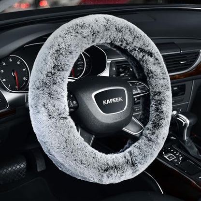 KAFEEK 16 inch Frost Fluffy Steering Wheel Cover for Winter Warm, Large Size Soft Fuzzy Steering Wheel Cover, Compatible with Ram F-150 Tundra Range Rover F150 F250 F350 Ram 4Runner Tacoma, Grey - color: gray, size: Large Size[15.5"-16"]
