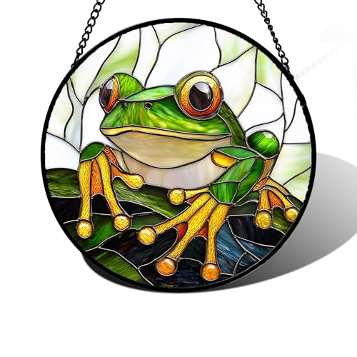 DASTOLL Stained Glass Window Hanging, Green Frog White Petals Sun Catchers Colorful Glass Panel Cute Suncatcher Decor for Birthday for Women, Men, Wife, Aunt, and Mom 6.3 in - color: White Green, size: 6.3x6.3 IN