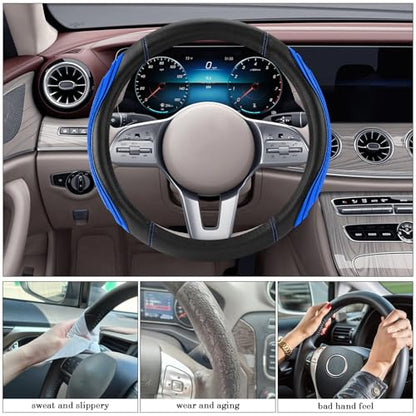 Blue Film Splicing Leather Steering Wheel Cover, Microfiber Leather, Anti-Slip, Breathable, Universal Fit for 14.5–15 in Steering Wheel Cover for Men Women - color: Film-Grained - Blue