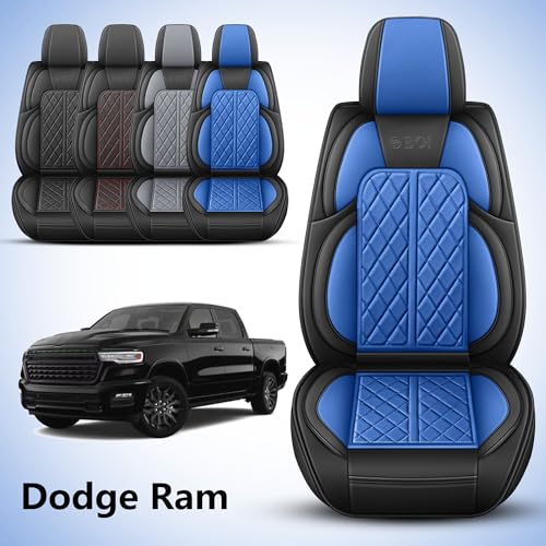 Car Seat Cover Custom Fit for Dodge Ram 1500 2500 3500 2009-2026 Faux Leather Seat Cover Set Compatible with Crew Quad Regular Cab Pickup Truck Cushions (Black & Blue, Full Set, Flat Rear) - color: Black & Blue, size: Full Set (Flat Rear)