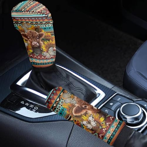 Highland Cow Auto Car Handbrake Cover Car Shift Knob Cover Set 2 Pack, Universal Fit Most Cars Sedan SUV Van Truck Cars Decor Accessories - color: Highland Cow