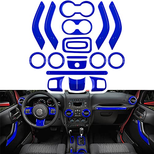 E-cowlboy 18 PCS Full Set Interior Decoration Trim Kit Steering Wheel Center Console Door Handle Air Conditioning Vent Cup Holder Gear Cover Trim for Jeep Wrangler JK JKU 2011-2018 4-Door (Blue) - color: Blue
